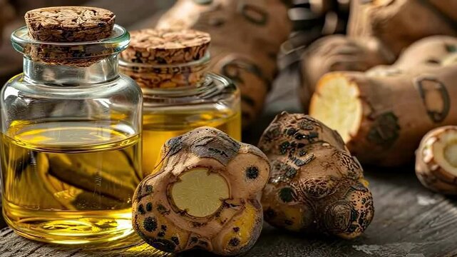 Chufa essential oil. Selective focus