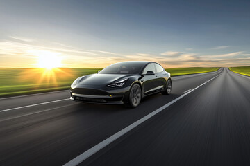 Naklejka premium Electric Car EV Vehicle Driving Highway Sunrise Future Growth Technology Innovation Automotive Transportation Market Success