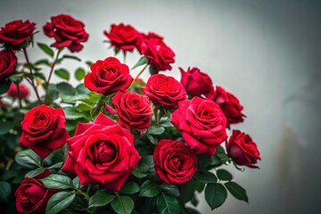 Obraz premium Enchanted Red Rose Bush in Low Light A Romantic Floral Still Life Against a Pristine White Background for