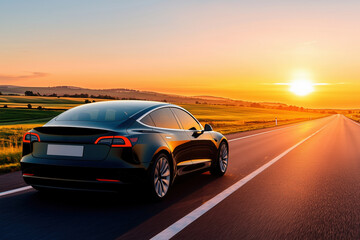 Obraz premium Electric Car Sunrise Highway Drive EV Market Growth Future Transportation Innovation