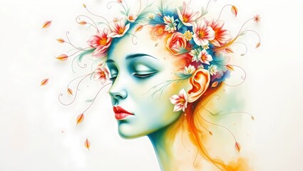 Watercolor painting of a woman with flowers in her hair and closed eyes art