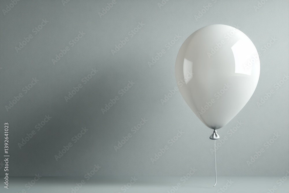 Poster single white balloon with silver string floating in a minimalist gray room, creating a serene and co