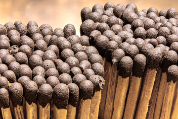 Brown Match Tips in Macro. Close-Up of Brown-Tipped Matches