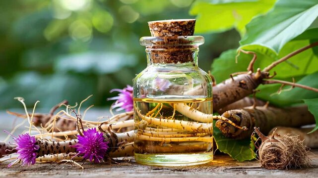 burdock essential oil. Selective focus