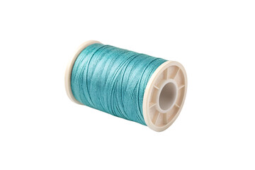 Blue sewing thread wrapped around a plastic spool with white and teal ends, isolated on a transparent background