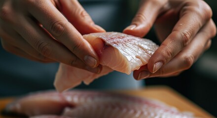 Hands holding a piece of raw fish fillet over a wooden surface preparing a seafood meal dish
