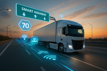 Smart highway with futuristic truck driving at dusk, featuring digital icons for speed, connectivity, and autonomous technology