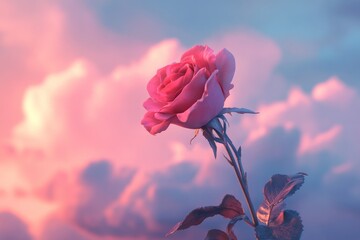 A delicate pink rose gracefully reaching into the colorful sky