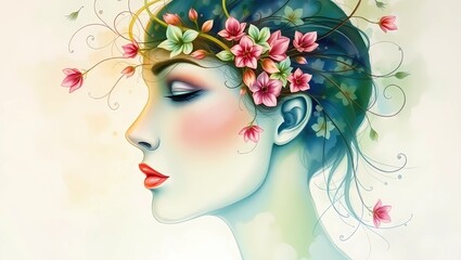 Watercolor painting of a woman in profile with flowers in her hair and on face