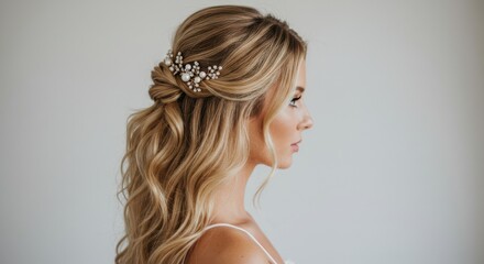 Profile view of woman with blonde wavy hair styled with pearl hair piece against white background