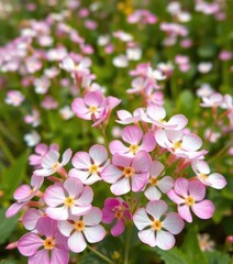Fototapeta premium Delicate white and pink Bacopa monnieri blossoms in a vibrant field, pink flowers, landscape