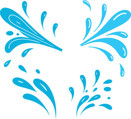 Four bursts of blue water splashes in various directions, with droplets scattered around.