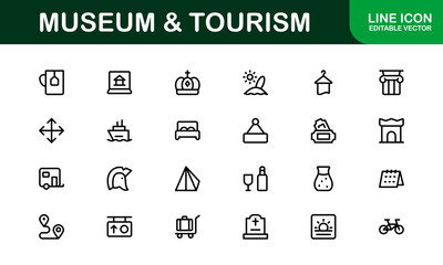 Essential Museum and Tourism Icon Set Vector Illustration. Includes Icons for Travel, Exhibits, and Landmarks to Create Engaging and Cultural Designs.