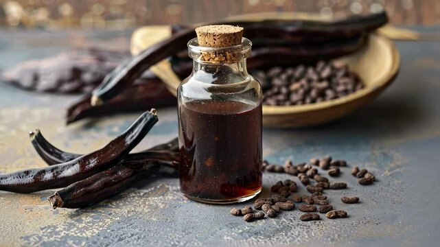 carob essential oil. Selective focus