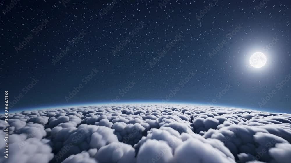 Poster aerial video view of fluffy clouds under a starry night sky with a full moon, creating a serene and 