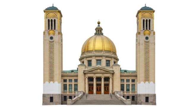 Isolated Architectural Building with Two Towers and Golden Dome