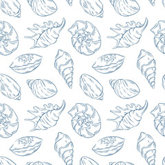 Seamless seashell pattern in blue line art style. Various ocean shell type perfect for summer beach theme, coastal decoration and marine inspired design.