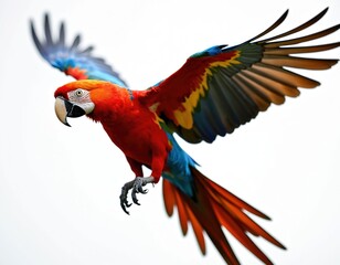 Fototapeta premium Scarlet macaw parrot in flight isolated white background. Bird with vibrant colorful wings. Exotic animal showing freedom, wildlife in tropical environment.