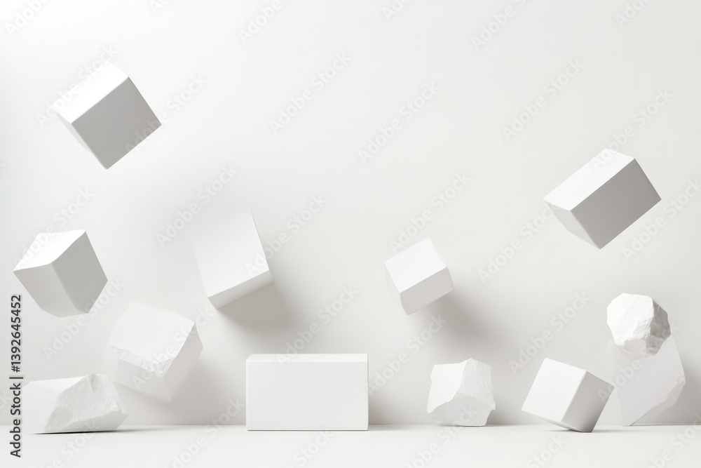 Poster minimalist arrangement of random geometric shapes against clean monochromatic background with ample 