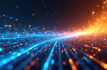 Futuristic digital illustration featuring blue, orange neon high-speed technology concept. Dynamic motion graphics, abstract background of cyberspace connectivity. Modern tech interface, web design,