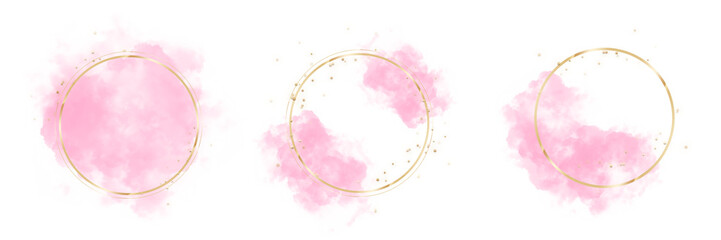 Splashes pink watercolor brush strokes. Isolated background. Golden circle frame with pollen. Hand painted abstract for decorating design logo, card, banner, cover, flyer and poster