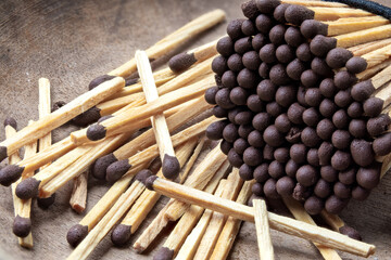 Scattered Wooden Matches with Brown Tips. Macro View of Tightly Packed Wooden Matchsticks.