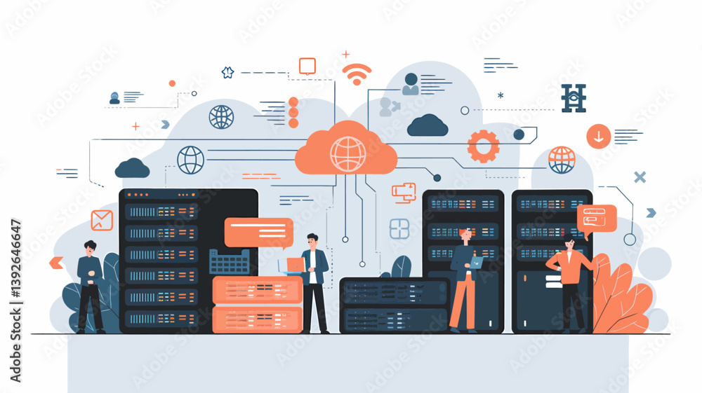 Aufkleber cloud computing server room illustration with technicians and network connectivity