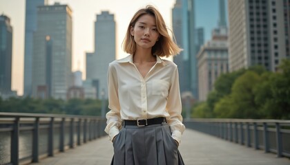 Young woman stands on bridge against cityscape. Businesswoman wears white blouse grey skirt, exudes confidence. City life, urban lifestyle, elegant modern style, pro attire. Cityscape background