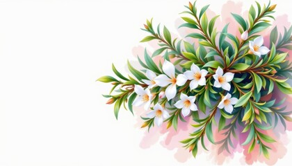 A vibrant watercolor illustration of a blooming rosemary plant, with delicate white flowers contrasted against lush green leaves.