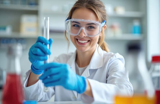 Young woman smiling in lab coat with protective glasses working in laboratory. Scientist conducts scientific research, test tube experiment. Laboratory tech for medical, healthcare, tech, chemistry. - Powered by Adobe