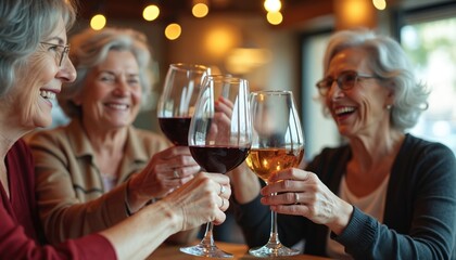 Happy senior women friends toasting at restaurant for wine holiday. Elderly people reunion cheers in diner for drinks and social celebration. Smiling old ladies enjoy wine, happy moments together.
