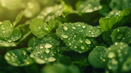 Close-up of vibrant green leaves adorned with glistening water droplets, illuminated by soft light. A refreshing display of nature's beauty and purity.