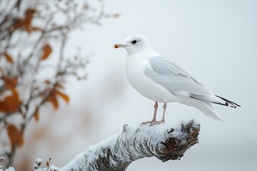 Obraz premium Snowy Winter Bird Elegant White Gull on Branch.