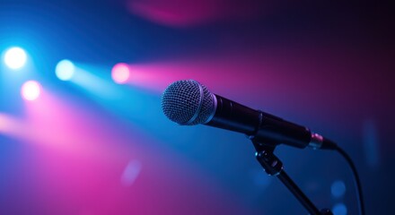 Obraz premium A microphone stands on a stage under bright blue and pink lights ready for a performance to begin
