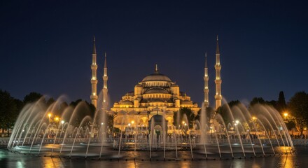 Fototapeta premium Illuminated blue mosque at night with fountains reflecting lights in istanbul turkey landscape view