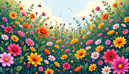 A vibrant illustration of a lush garden overflowing with colorful flowers and buzzing bees.