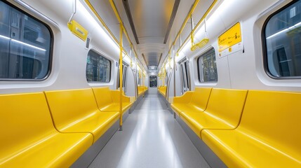 Brightly illuminated interior of a passenger train car with yellow seating