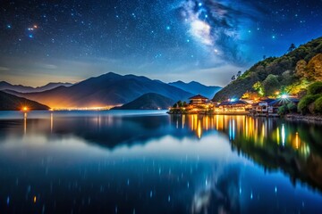 Fototapeta premium Enchanting Night Photography of Lugu Lake in Yunnan China A Stunning Alpine Lake Under the Stars