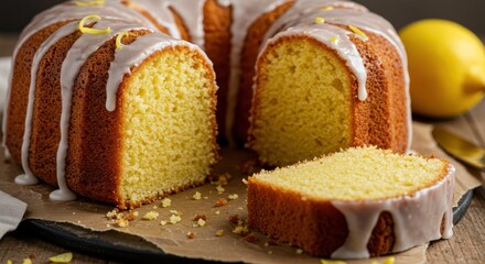 A lemon bundt cake with white glaze and a slice cut out on a wooden surface with a lemon nearby