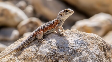 A speckled lizard perches atop a rough, sunlit rock, gazing intently into the distance. Its patterned scales blend with the stony terrain