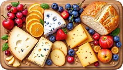 A vibrant watercolor illustration of a lavish spread of artisanal cheeses, freshly baked bread, and assorted fruits on a wooden cutting board.
