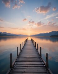 A long  wooden pier stretches out over a calm lake towards the setting sun at spring, with mountains silhouetted against the colorful sky, backgrounds, wallpaper