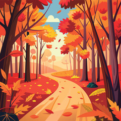 Autumn path winds through colorful forest.
