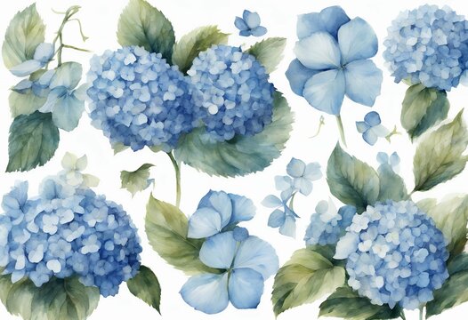 watercolor blue hydrangea flowers on white background clip art preview