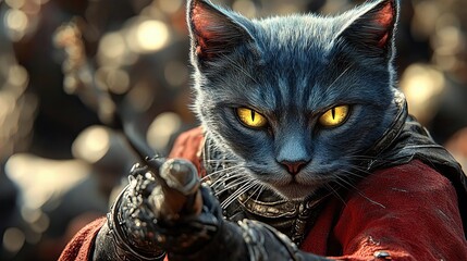 A closeup portrait of a regal bluefurred cat wearing a red and black sorcerer s robe, its piercing yellow eyes glowing with arcane energy, highly detailed cinematic shot
