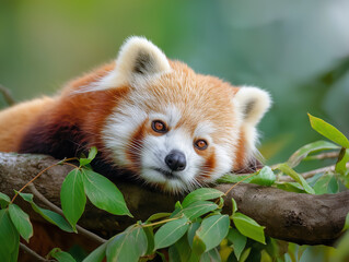 Naklejka premium Panda lying on the tree with green leaves. Ailurus fulgens, red panda, detail face portrait of animal from Nepal mountain forest.