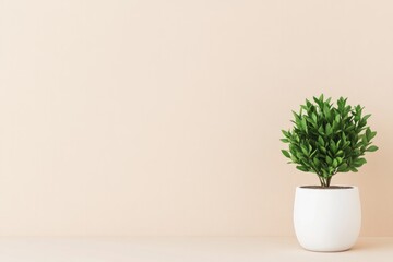 minimalistic composition with single green plant in white pot against plain beige background