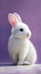 Obraz premium A cute white bunny with soft fur and pink ears sits elegantly against a pastel purple background, evoking warmth and charm, perfect for pet lovers or nature enthusiasts.