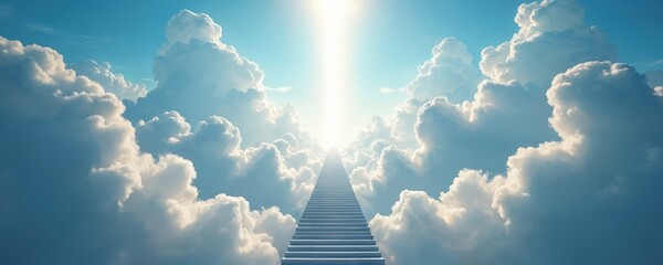 Stairway ascends towards heavenly light in clouds. Christian afterlife concept, journey to heaven. Ideal for religious content, inspirational design, faith based projects. Dreamlike scene.