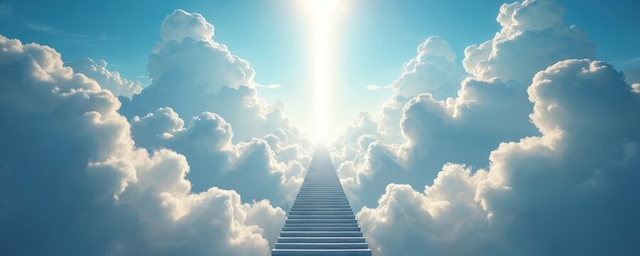 Stairway ascends towards heavenly light in clouds. Christian afterlife concept, journey to heaven. Ideal for religious content, inspirational design, faith based projects. Dreamlike scene.